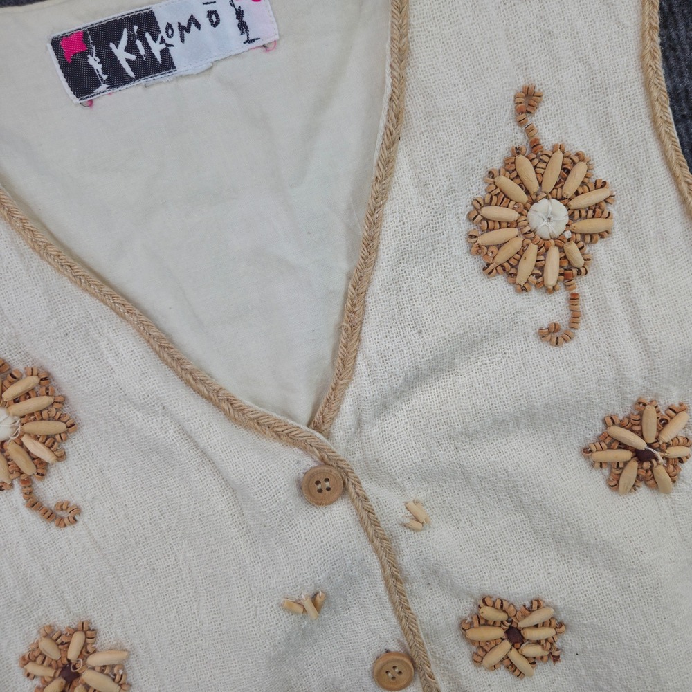 Kikomo Vest Womens Ivory Cotton Boho Wood Bead Floral Cottagecore Sleeveless - Picture 1 of 6